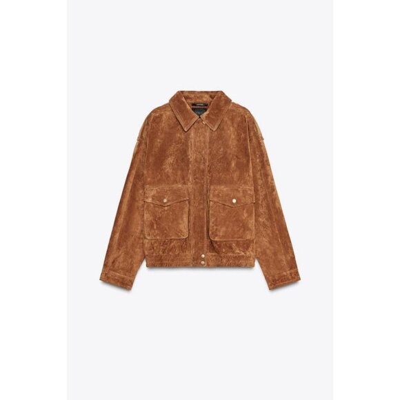 ZARA 100% SUEDE LEATHER BOMBER JACKET WITH POCKETS - Picture 7 of 9